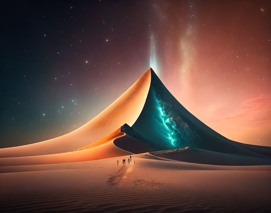 Surreal landscape with towering dune, aqua rift, and human figures