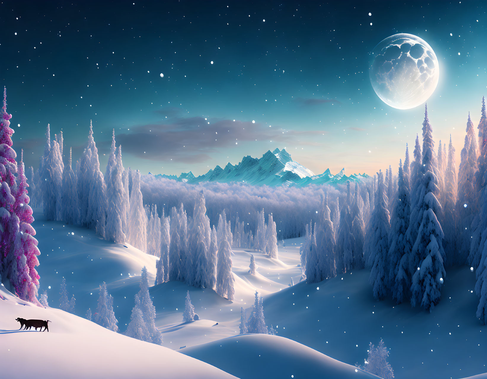 Winter night landscape with wolf, snowy trees, mountains, and moon