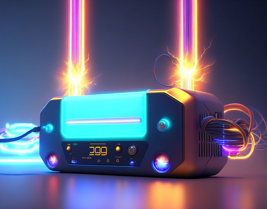 Futuristic blue radio with glowing lights and dynamic energy beams