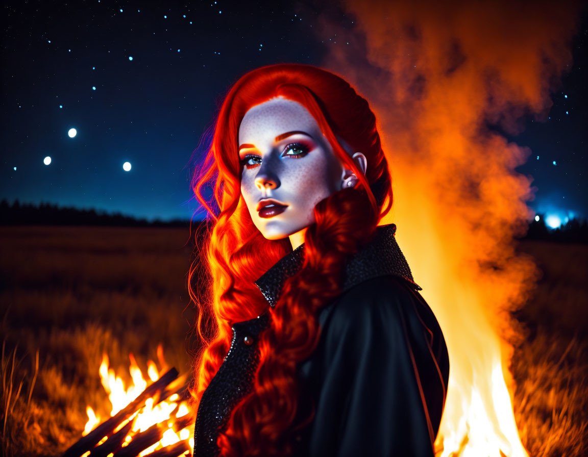 Woman with red hair and porcelain skin by blazing fire at night