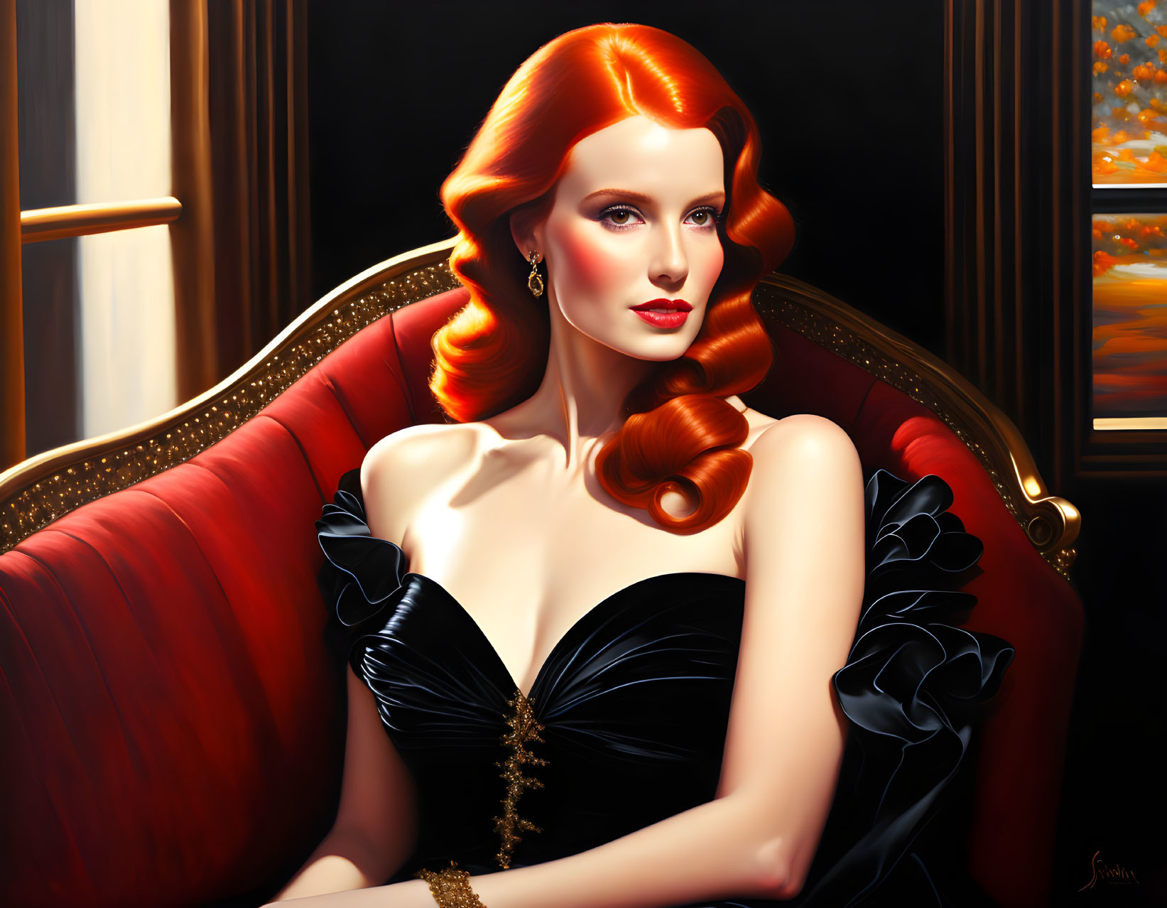 Red-haired woman in black dress on red velvet couch: classic and elegant portrait