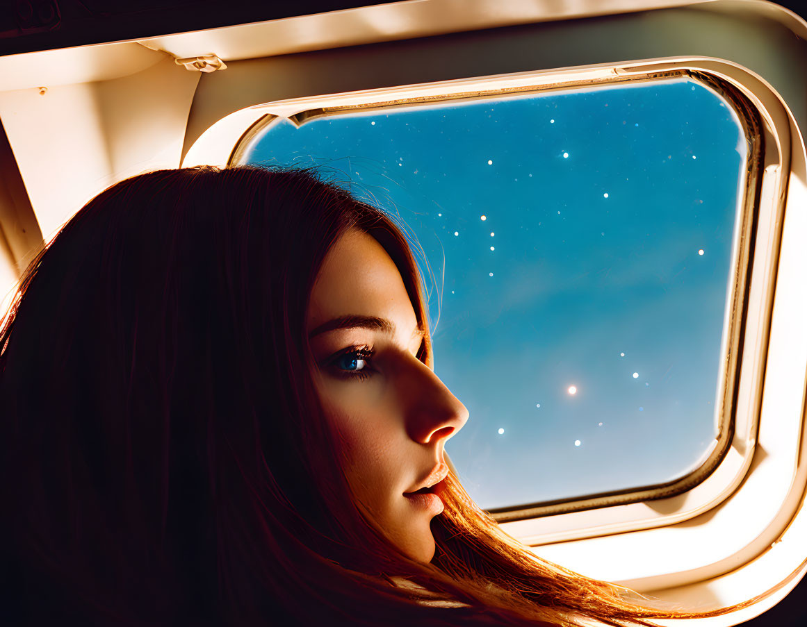 Woman gazing at starry sky through airplane window