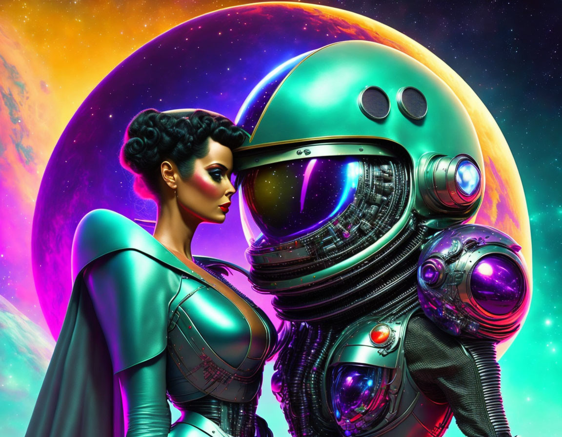 Futuristic woman and astronaut in metallic space suit against cosmic backdrop