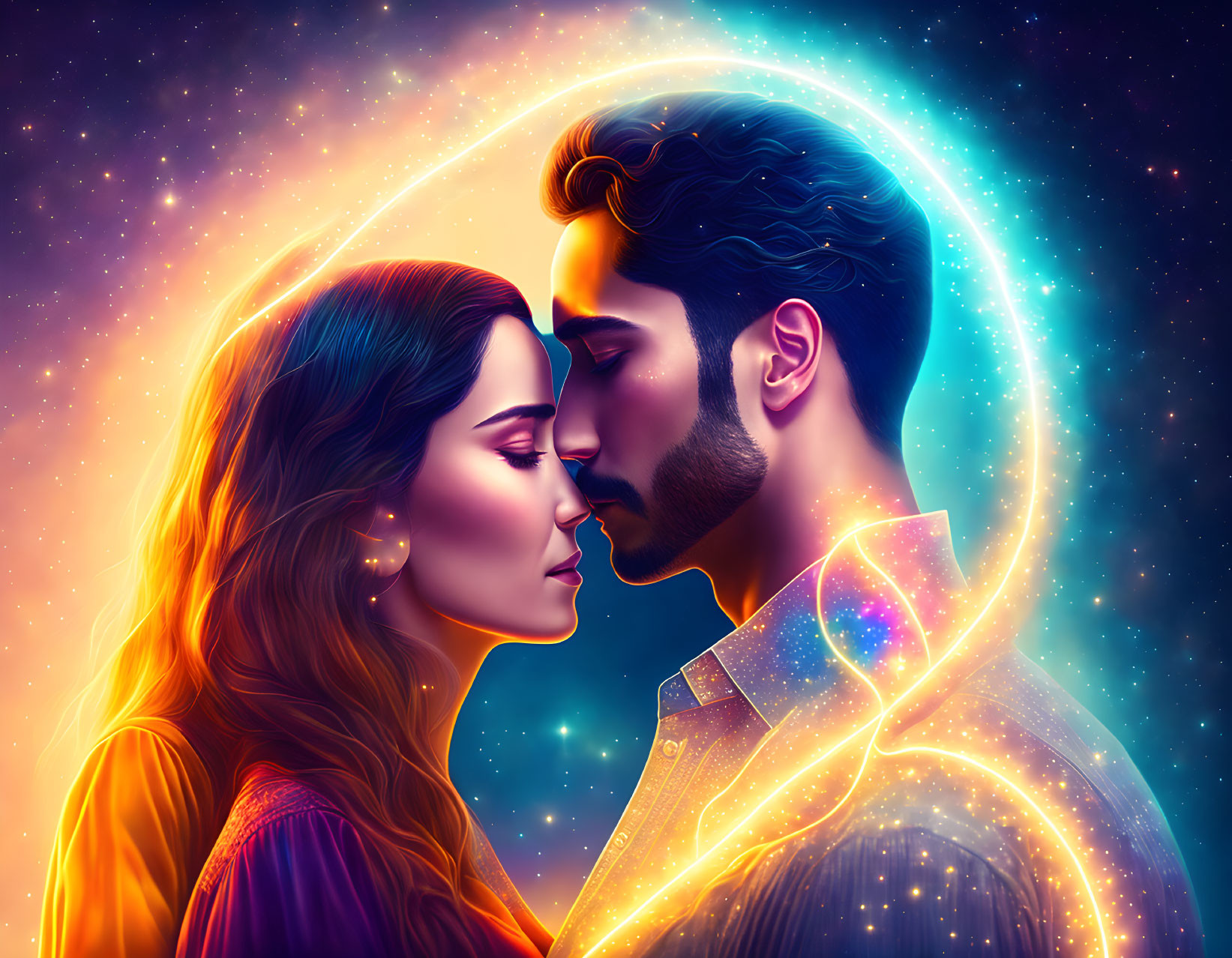 Colorful digital artwork: man and woman in profile with cosmic glow and stars.