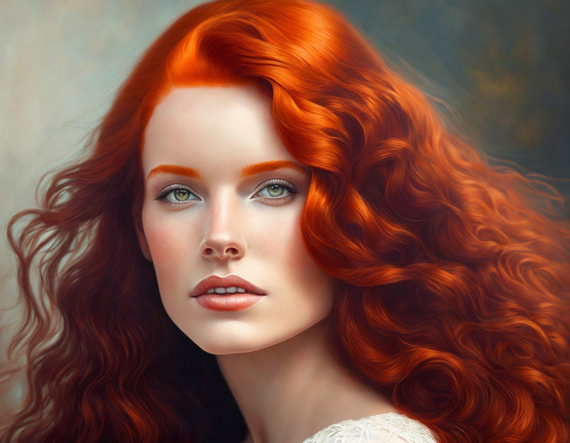 Vibrant red-haired woman with porcelain skin and blue eyes in digital artwork