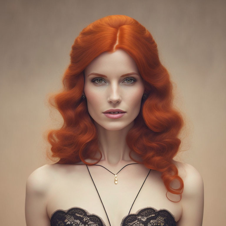 Vibrant Red-Haired Woman in Black Lace and Gold Necklace