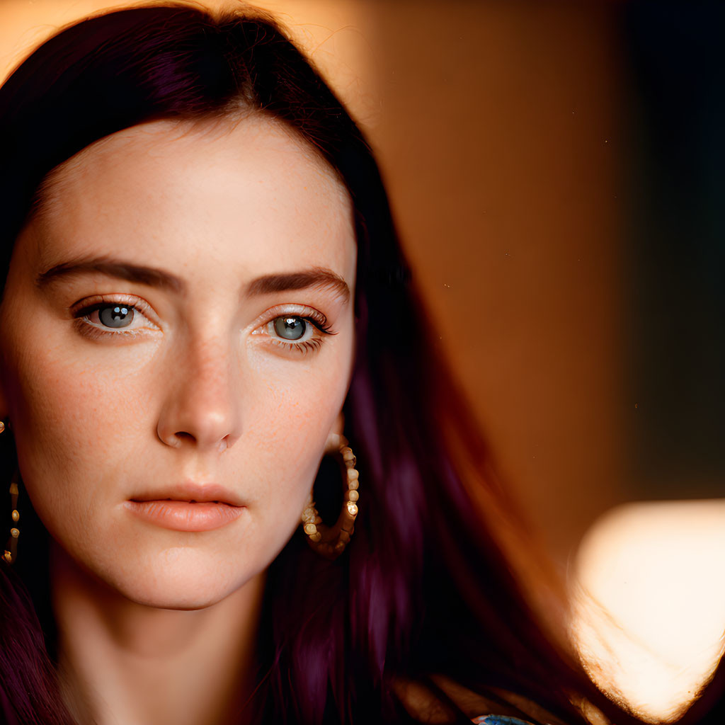 Close-up portrait of woman with blue eyes and dark hair in hoop earrings and blue garment under warm lighting