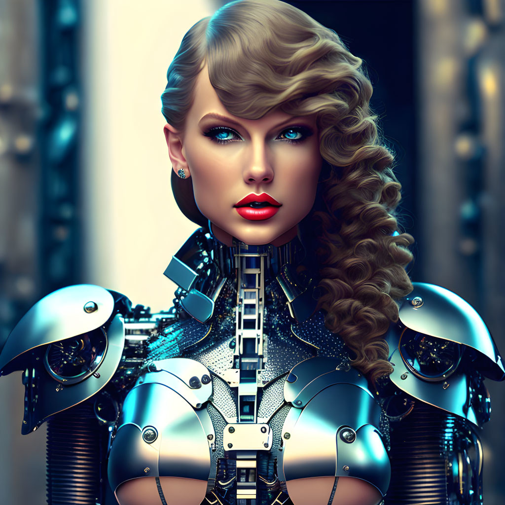 Futuristic woman with metallic armor, wavy hair, and red lipstick