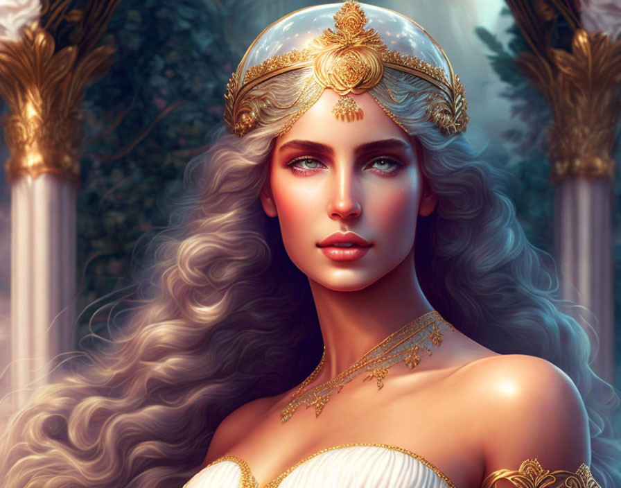 Digital portrait of woman with curly hair in golden tiara against forest backdrop