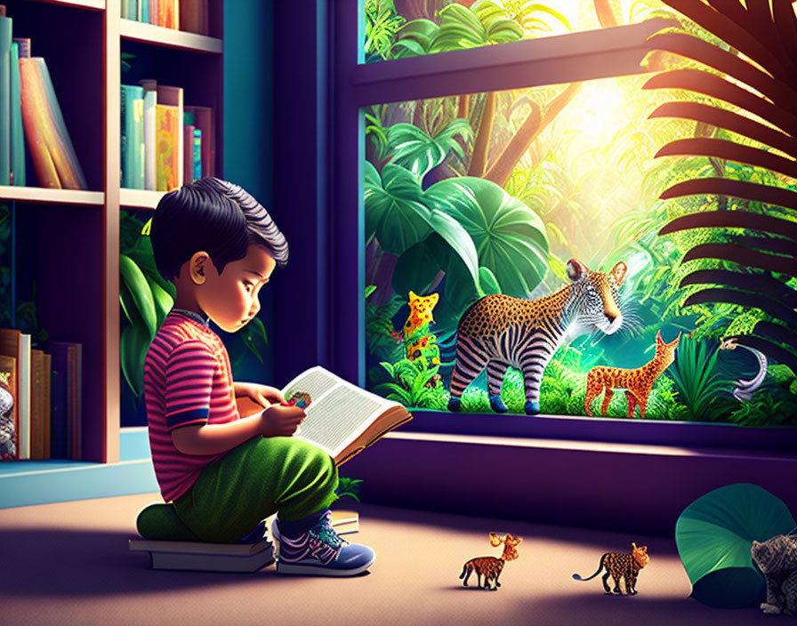 Child Reading Book by Window with Jungle and Wild Cats View