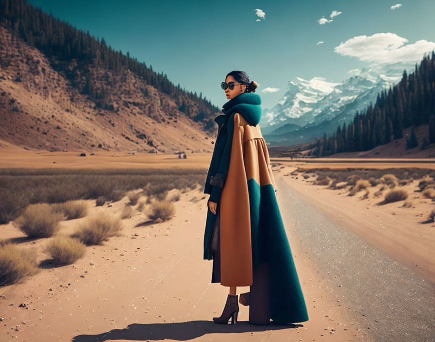 Multicolored Coat Woman in Desert Landscape