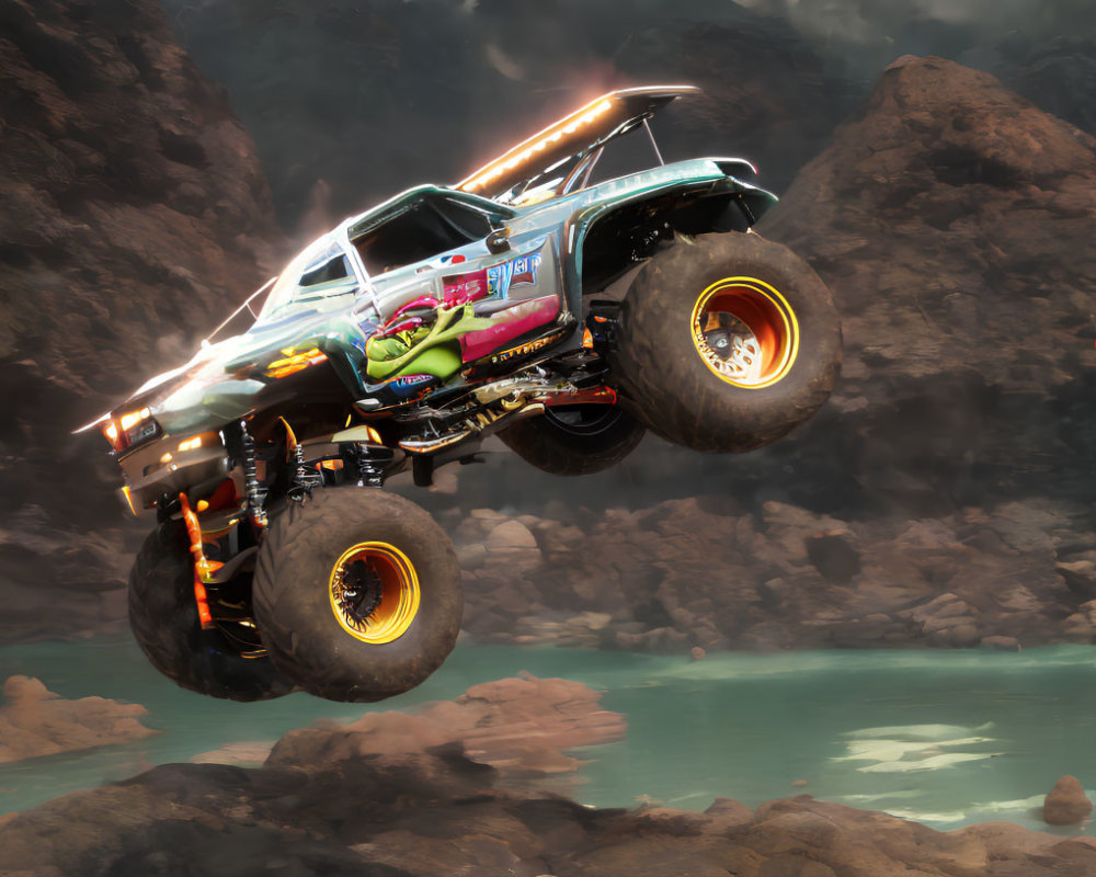 Colorful monster truck jumping over rocky terrain with blue water and airborne car in background