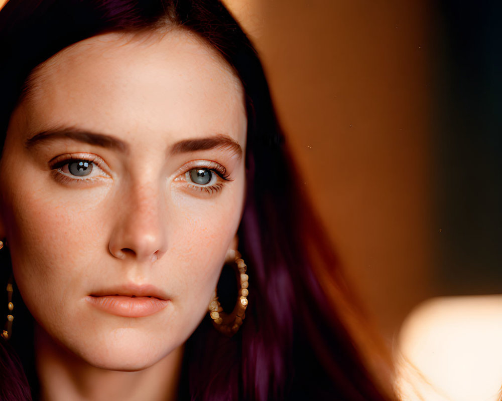 Close-up portrait of woman with blue eyes and dark hair in hoop earrings and blue garment under warm lighting