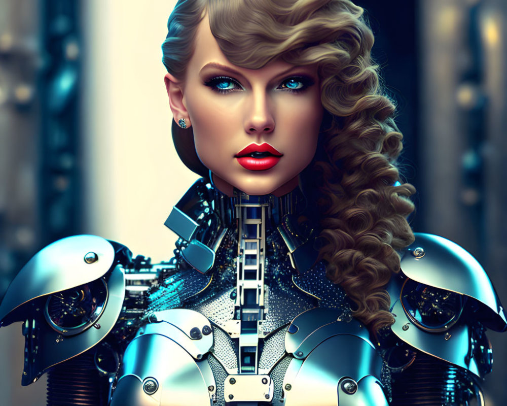 Futuristic woman with metallic armor, wavy hair, and red lipstick