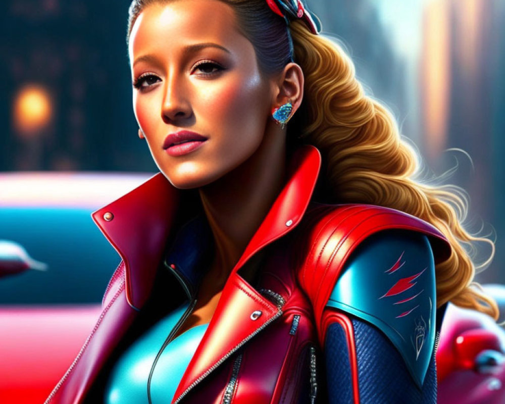 Blonde Woman in Red Leather Jacket with Car Illustrations