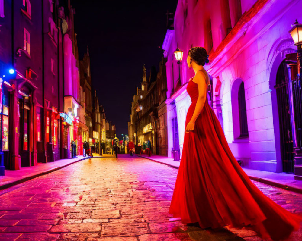 Woman in red gown on vibrant city street at night with purple and blue lights