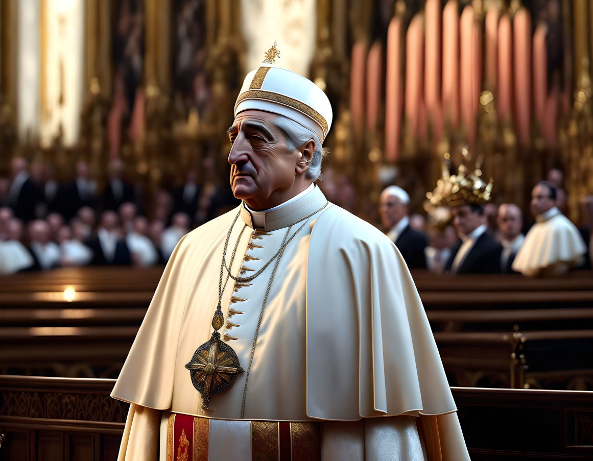 Papal-vested man in church with clergy in background