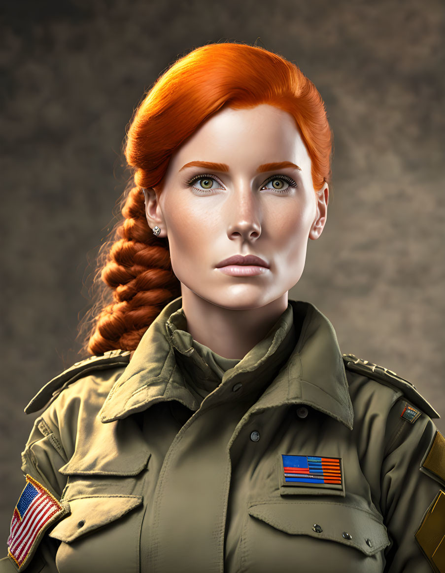 Vivid red-haired woman in military-style jacket portrait on textured backdrop