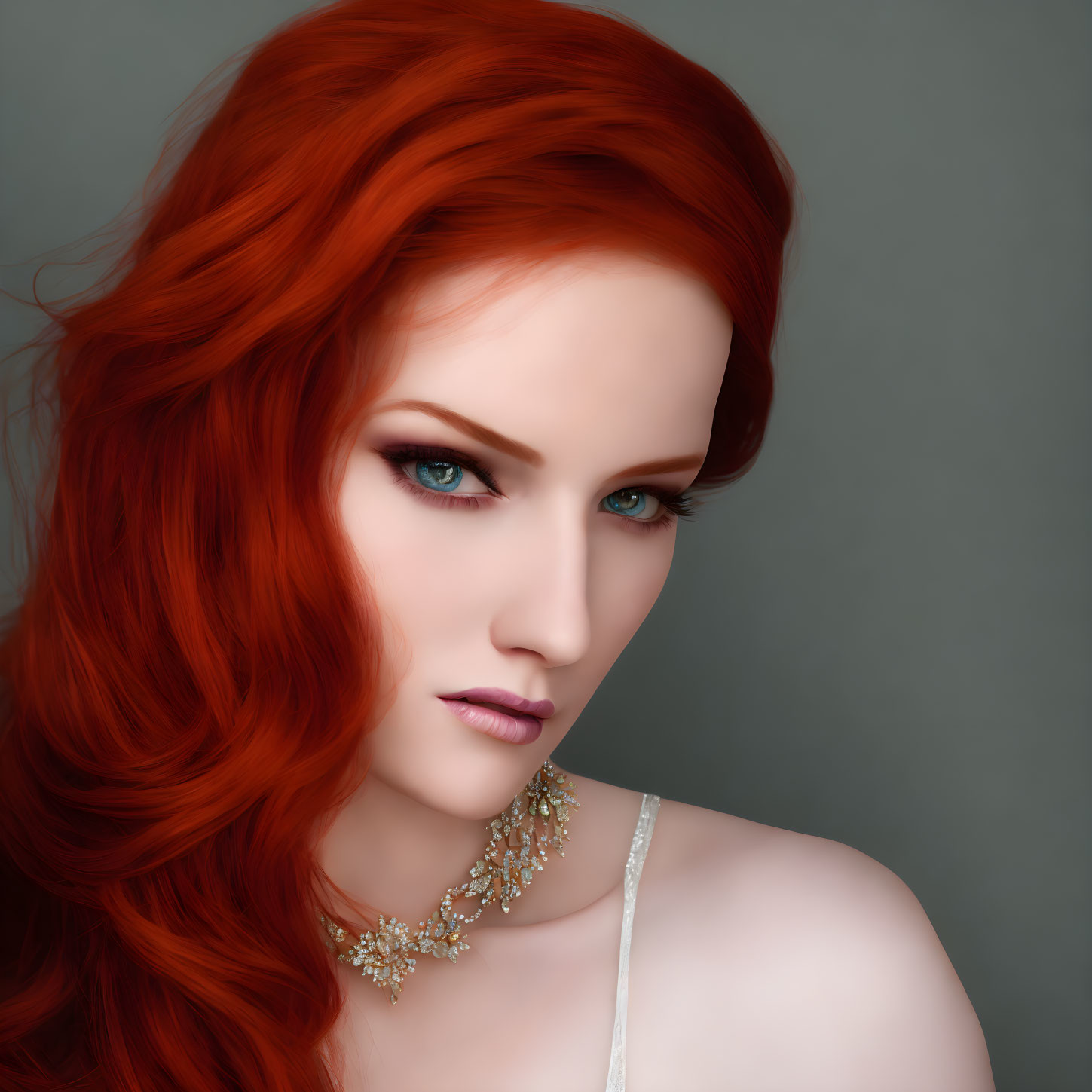 Portrait of a Woman with Red Hair, Blue Eyes, and Golden Necklace