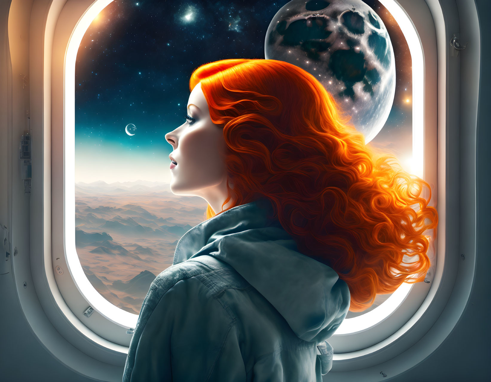 Red-haired woman in spaceship views celestial scene with stars, planet, and moons