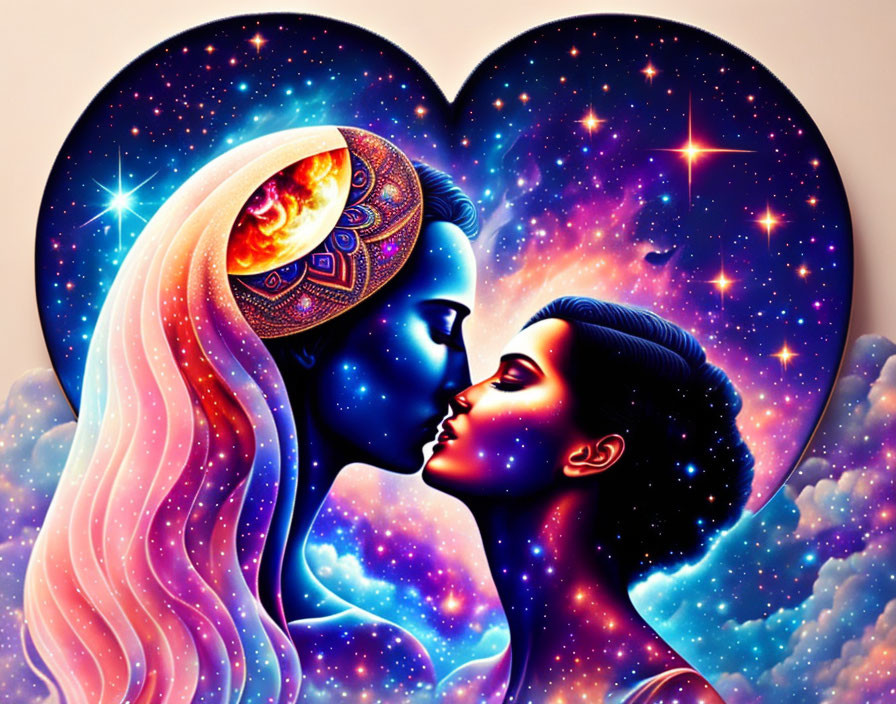 Stylized profile faces in heart shape on cosmic background.