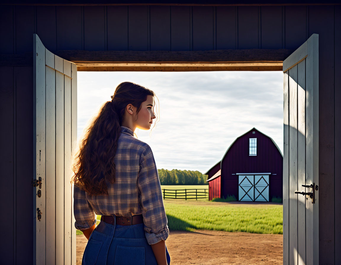 Woman in plaid shirt and jeans at farm barn door during sunset