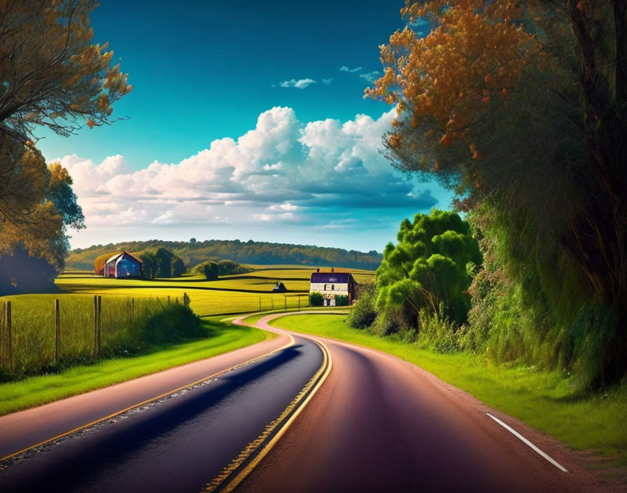 Scenic curved road in vibrant countryside with lush trees and red barns