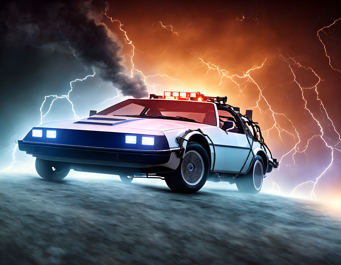 Modified DeLorean Car Under Stormy Sky with Lightning Bolts