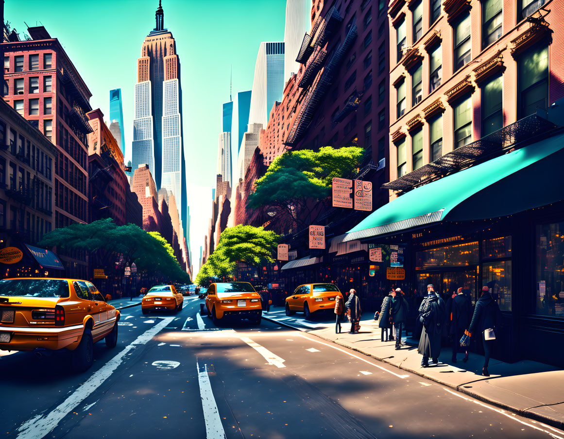 City street scene with yellow taxis, pedestrians, skyscrapers, and blue sky