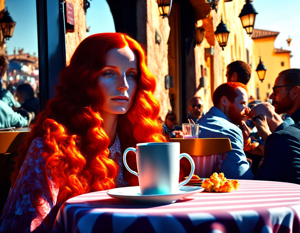 Vibrant red-haired woman at cafe table in bustling street scene