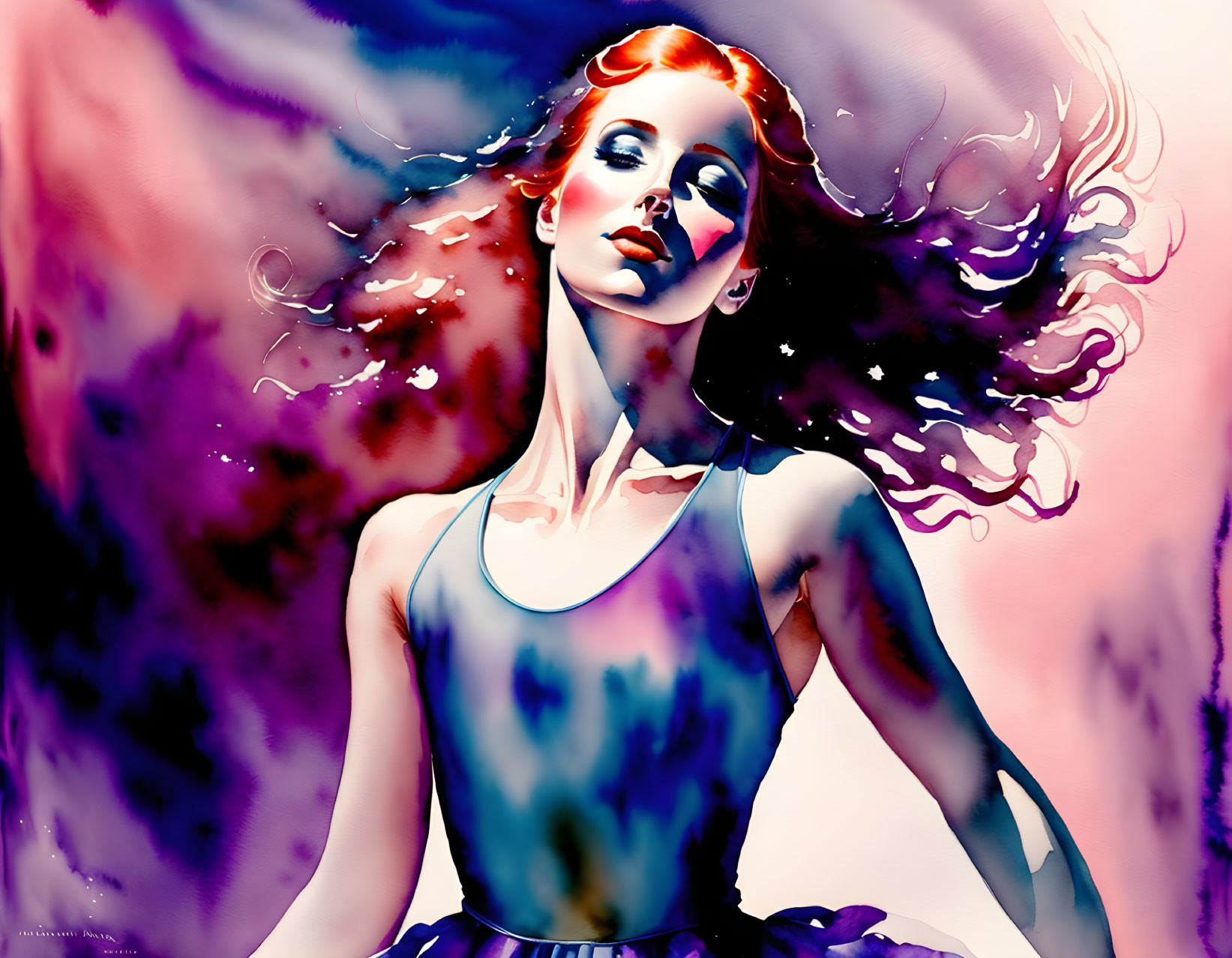 Colorful digital artwork: Woman with flowing hair on magenta and blue watercolor background