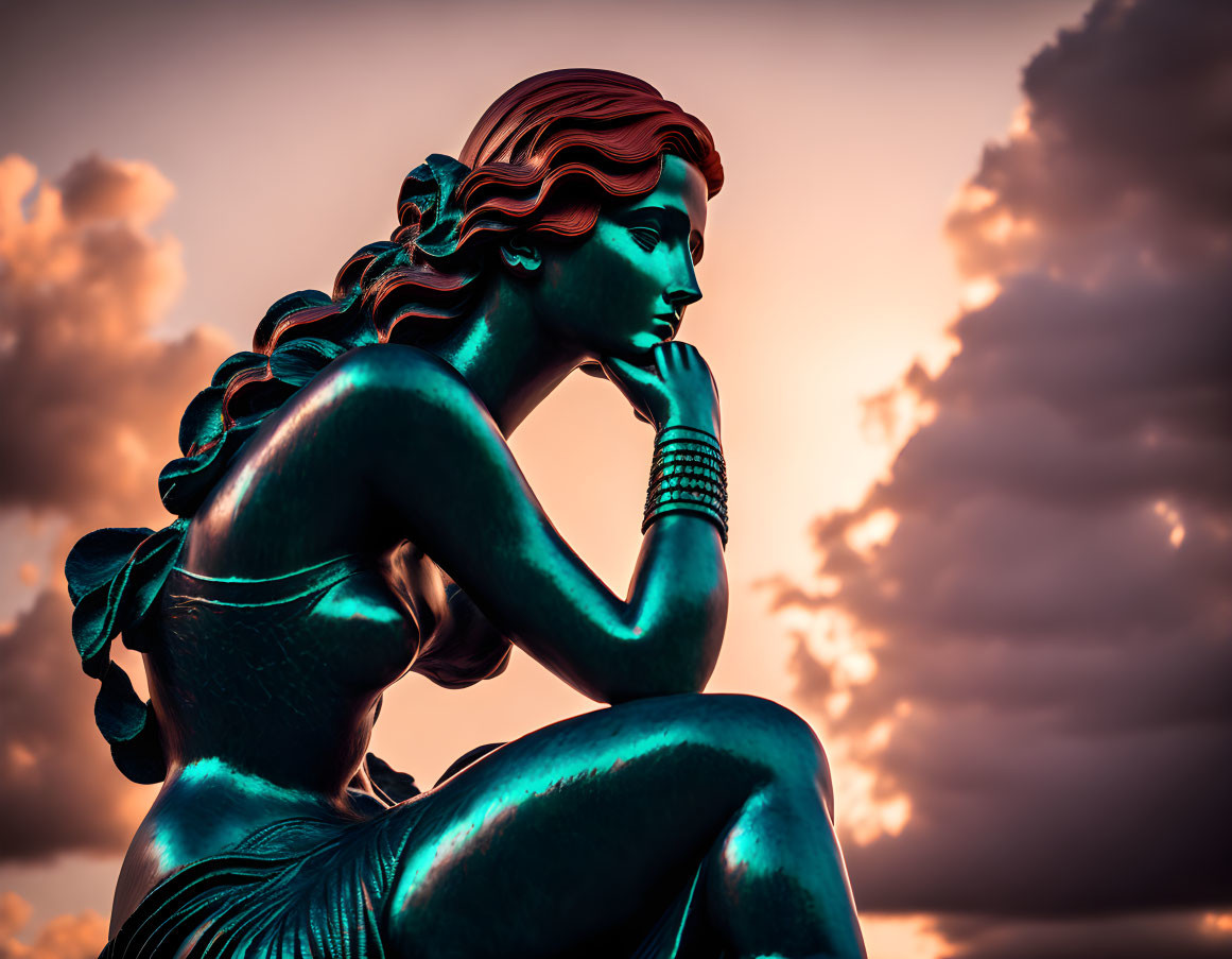 Bronze statue of pensive woman with flowing hair and bracelets against orange and purple sky