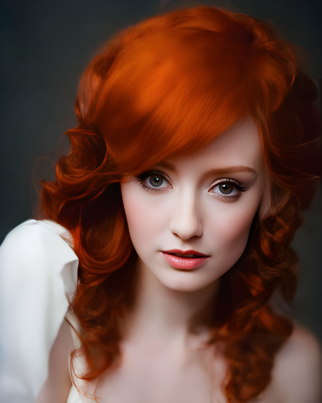 Portrait of person with voluminous auburn hair and striking makeup.