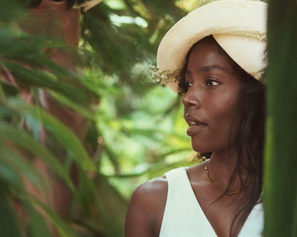 Woman in Straw Hat Surrounded by Lush Greenery