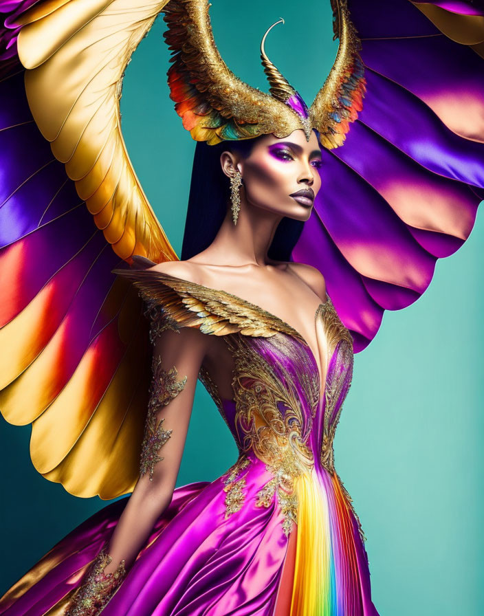 Colorful Phoenix-Inspired Woman Costume with Elaborate Wings