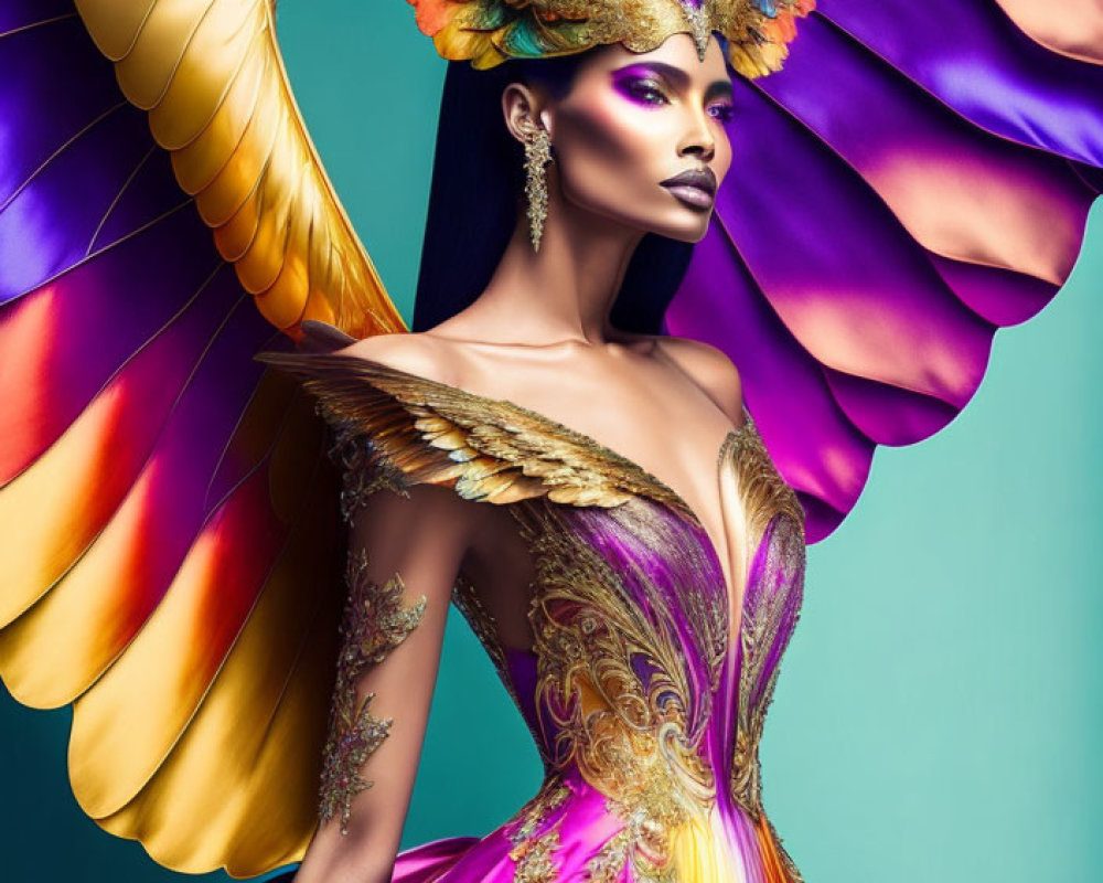 Colorful Phoenix-Inspired Woman Costume with Elaborate Wings