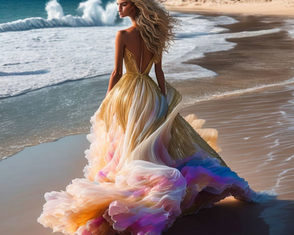 Woman in flowing gown walks on beach with golden and pastel hues, gentle surf and hilly coastline