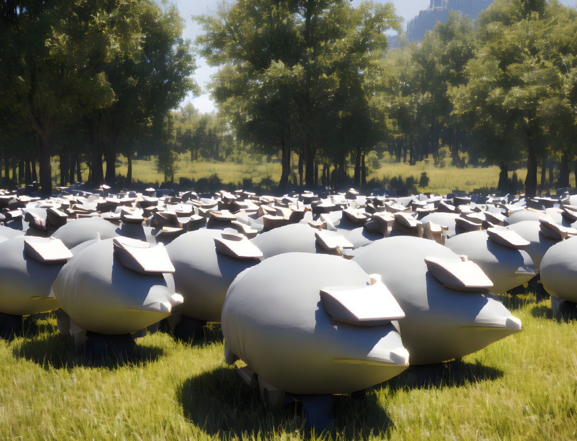 Oversized geometric sheep sculptures in sunlit field