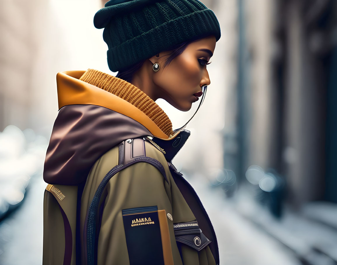 Stylish person in olive jacket with mustard collar and green beanie, urban background.