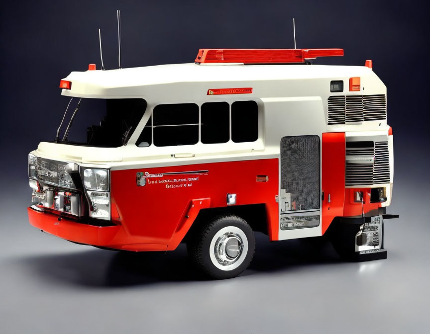 Red and White Vintage Emergency Vehicle Model on Gray Background