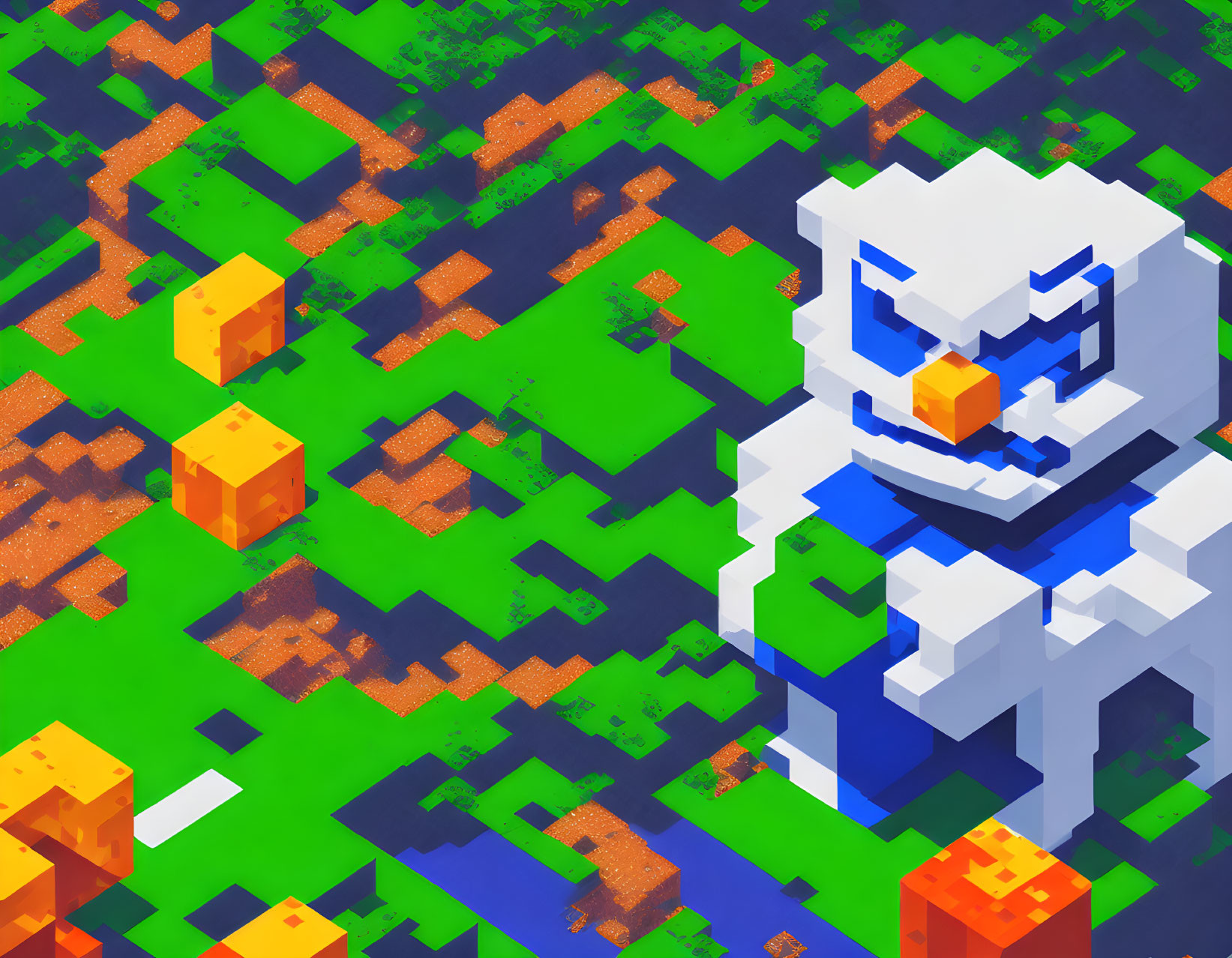 Voxel-style digital art: Large blue and white owl in forested area