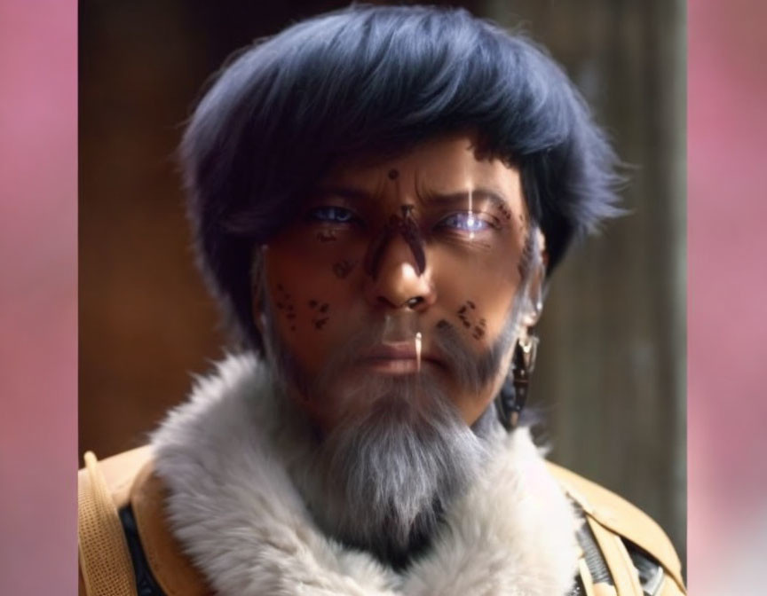 Futuristic character with blue hair, tattoos, piercings, beard, fur-trimmed