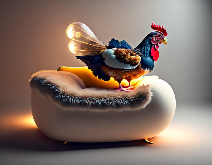 Surreal rooster with lightbulb wings on fur-lined armchair