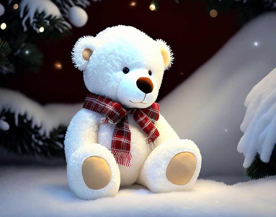 White Teddy Bear with Tartan Scarf Under Christmas Tree in Winter Setting