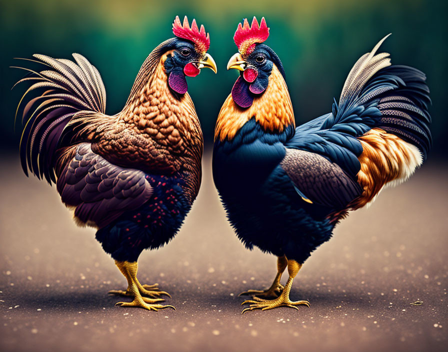 Colorful roosters displaying vibrant feathers and red combs in face-off scene