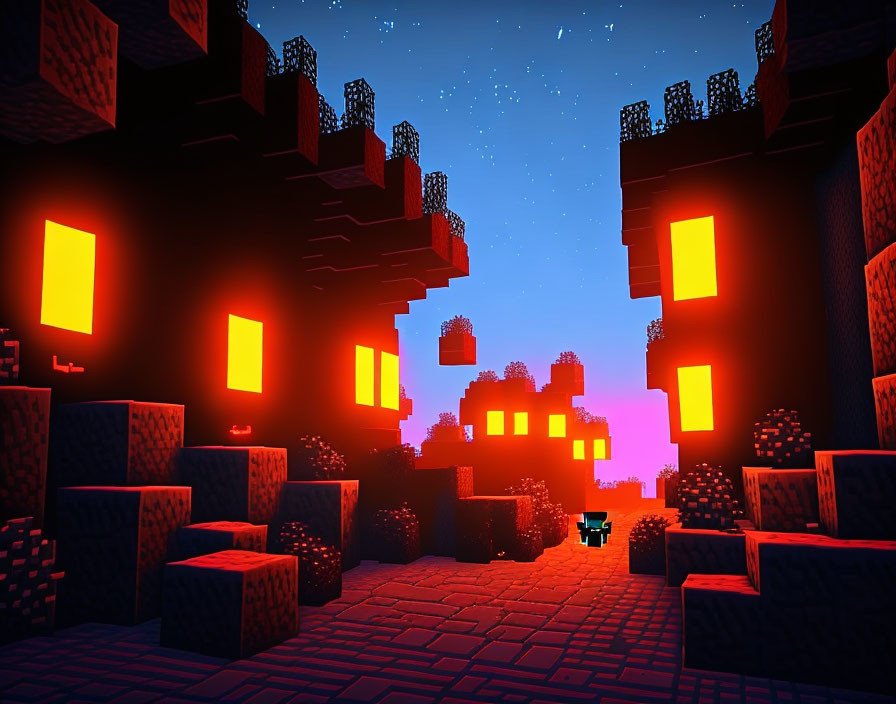 Blocky Minecraft landscape: sunset, lava falls, starry sky