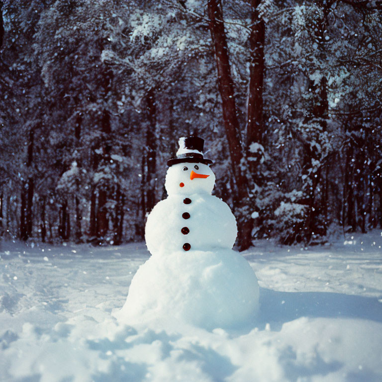 Snowman with top hat and carrot nose in snowy forest surrounded by snow-dusted trees