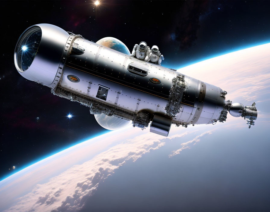 Detailed futuristic spacecraft with astronaut in spacewalk orbiting Earth.