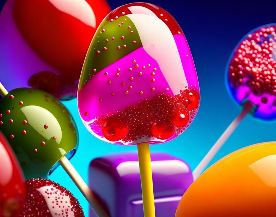 Colorful lollipops with sparkling sugar beads on vibrant background