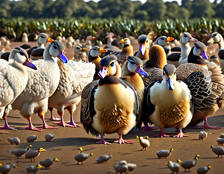 Colorful Cartoon Ducks in Grass Field with Miniature Ducks